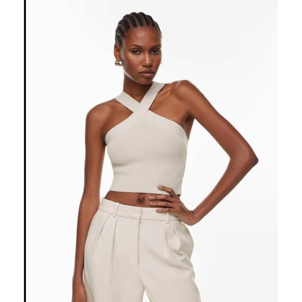 Aritzia Babaton Sculpt Knit Cross Front Halter Top Women XS Beige Ribbed Cropped